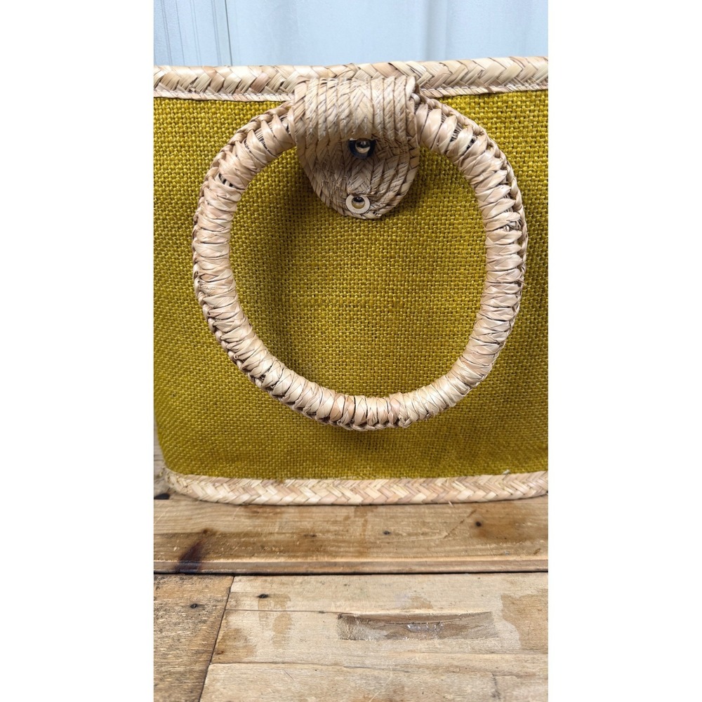 Retro Chartreuse Woven Straw & Burlap Basket Tote - Picture 8 of 15